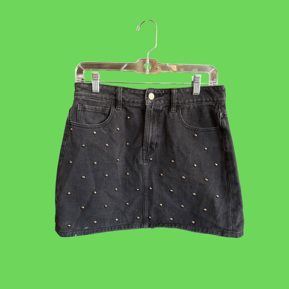 Kendall & Kylie Washed Black Studded Denim Mini Skirt Size 26 Punk Grunge
